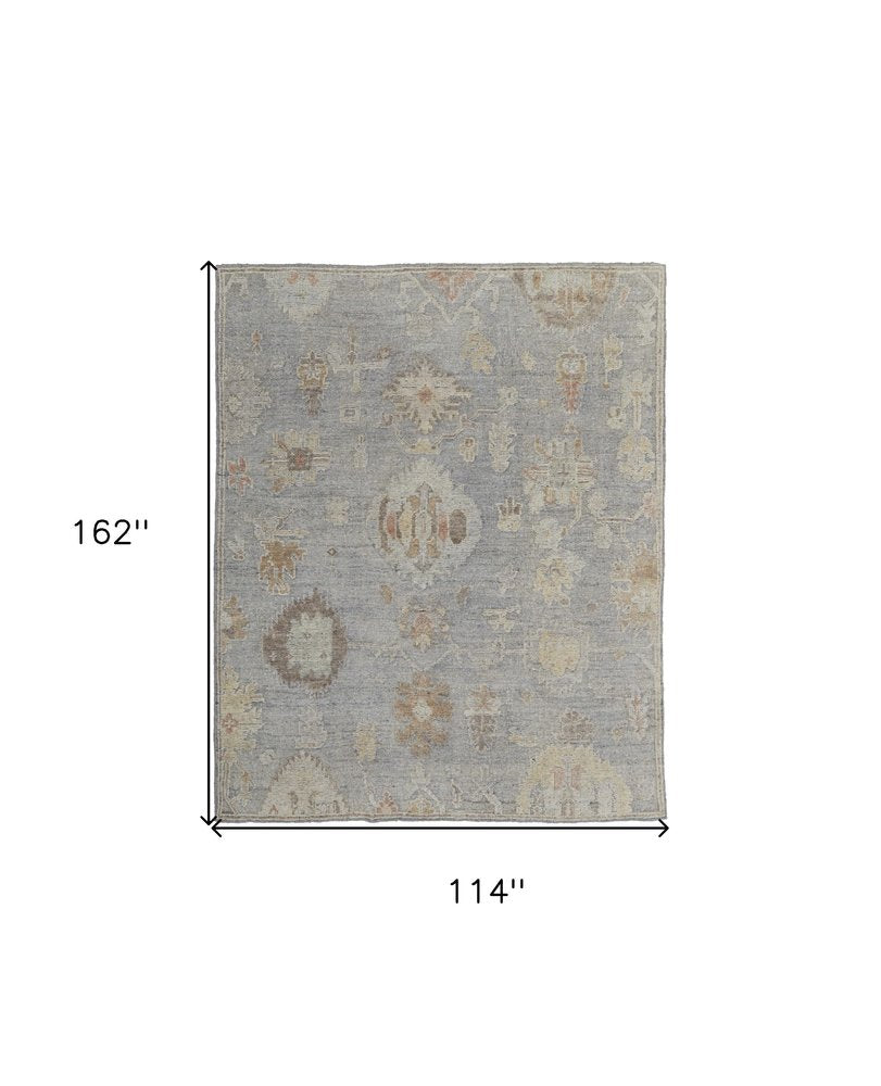 9' X 13' Gray and Blue Wool Floral Hand Knotted Area Rug