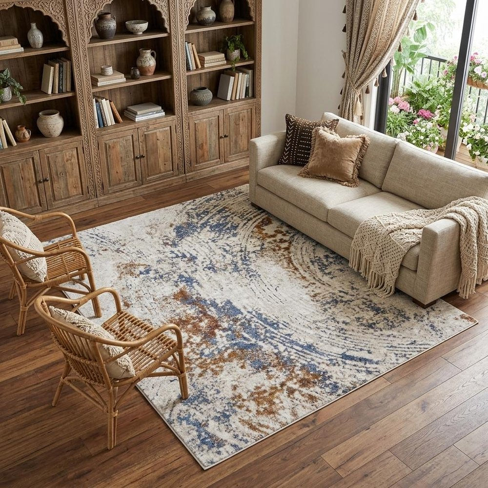 8' X 10' Ivory Blue and Brown Abstract Power Loom Area Rug