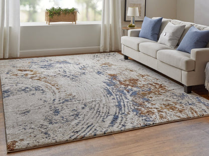 10' X 14' Ivory Blue and Brown Abstract Power Loom Area Rug