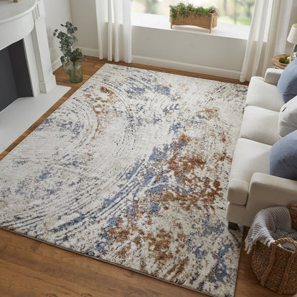 10' X 14' Ivory Blue and Brown Abstract Power Loom Area Rug