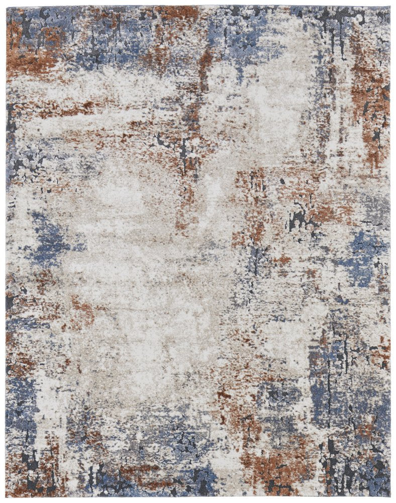 8' X 10' Blue Gray and Brown Abstract Power Loom Worn Faded Area Rug