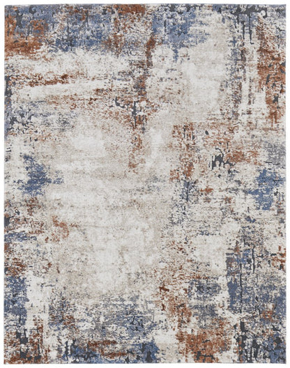 8' X 10' Blue Gray and Brown Abstract Power Loom Worn Faded Area Rug