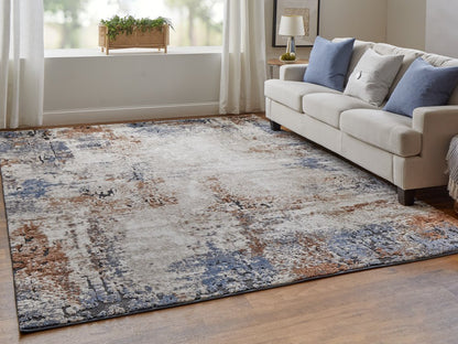 8' X 10' Blue Gray and Brown Abstract Power Loom Worn Faded Area Rug