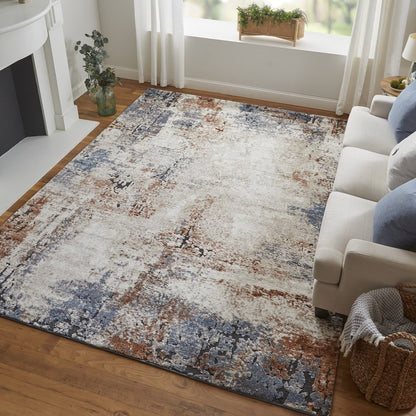 8' X 10' Blue Gray and Brown Abstract Power Loom Worn Faded Area Rug