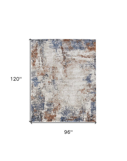 8' X 10' Blue Gray and Brown Abstract Power Loom Worn Faded Area Rug