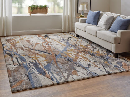 8' X 10' Ivory Blue and Brown Abstract Power Loom Area Rug