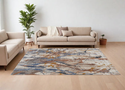 8' X 10' Ivory Blue and Brown Abstract Power Loom Area Rug