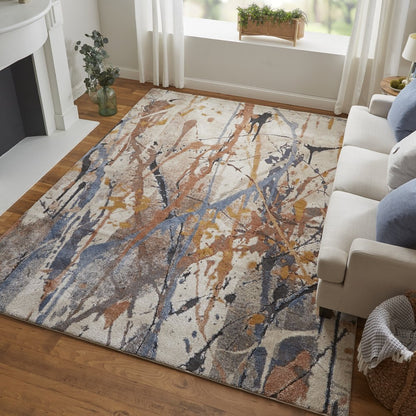 8' X 10' Ivory Blue and Brown Abstract Power Loom Area Rug