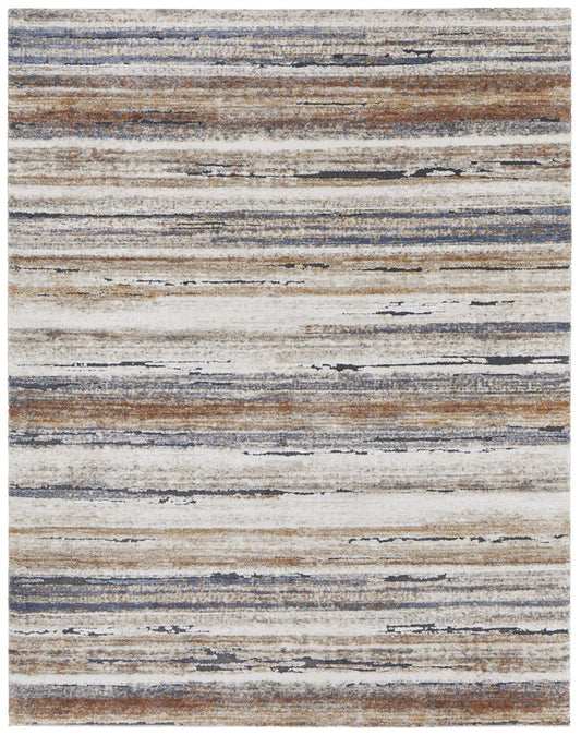 8' X 10' Ivory Blue and Brown Striped Power Loom Area Rug