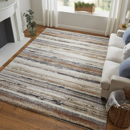 8' X 10' Ivory Blue and Brown Striped Power Loom Area Rug