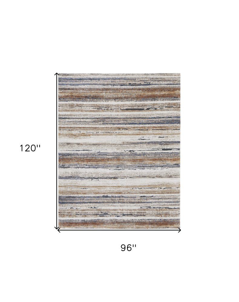 8' X 10' Ivory Blue and Brown Striped Power Loom Area Rug