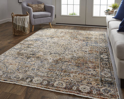 3' X 5' Tan Blue And Burnt Orange Oriental Area Rug With Fringe
