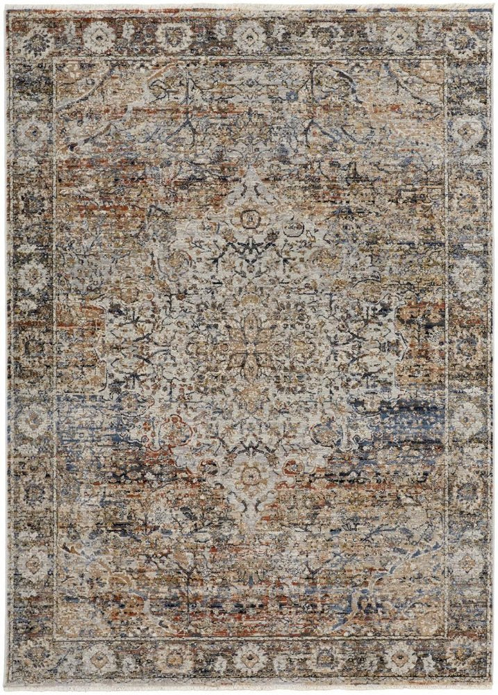 3' X 5' Tan Blue And Burnt Orange Oriental Area Rug With Fringe