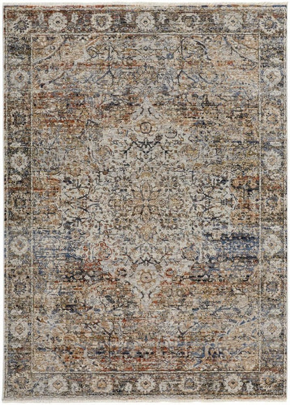 3' X 5' Tan Blue And Burnt Orange Oriental Area Rug With Fringe