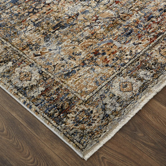 3' X 5' Tan Blue And Burnt Orange Oriental Area Rug With Fringe