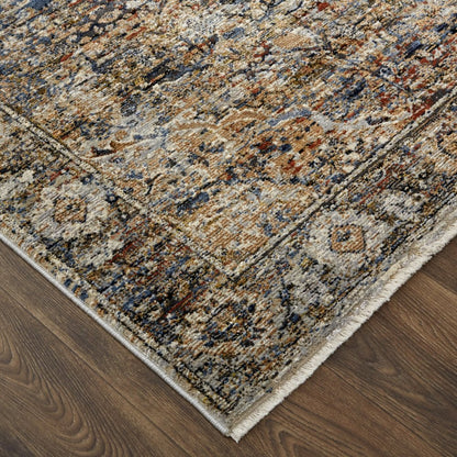 3' X 5' Tan Blue And Burnt Orange Oriental Area Rug With Fringe