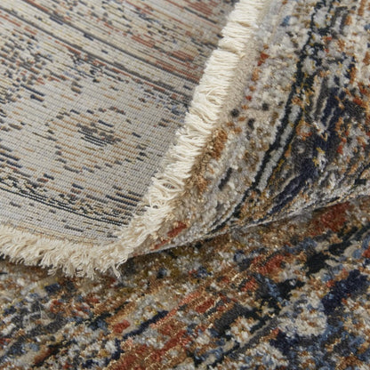3' X 5' Tan Blue And Burnt Orange Oriental Area Rug With Fringe