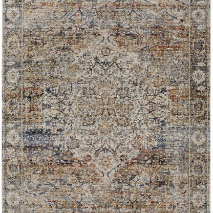 3' X 5' Tan Blue And Burnt Orange Oriental Area Rug With Fringe
