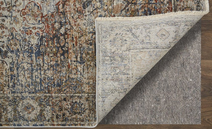 3' X 5' Tan Blue And Burnt Orange Oriental Area Rug With Fringe