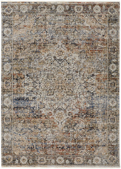 3' X 5' Tan Blue And Burnt Orange Oriental Area Rug With Fringe