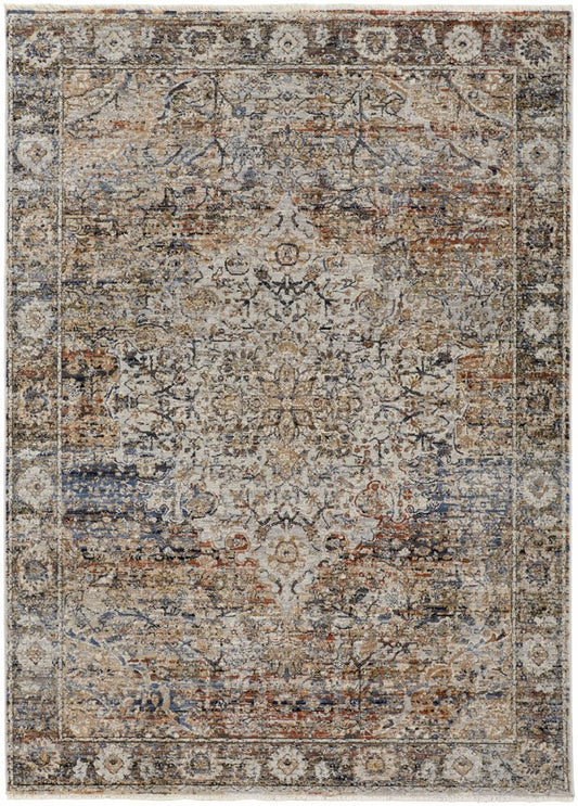 3' X 5' Tan Blue And Burnt Orange Oriental Area Rug With Fringe