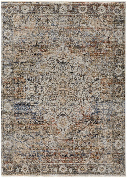 3' X 5' Tan Blue And Burnt Orange Oriental Area Rug With Fringe
