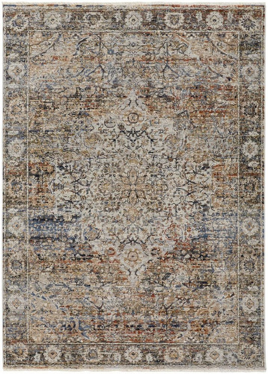 3' X 5' Tan Blue And Burnt Orange Oriental Area Rug With Fringe