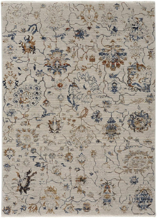 3' X 5' Ivory Blue And Burnt Orange Floral Distressed Area Rug With Fringe
