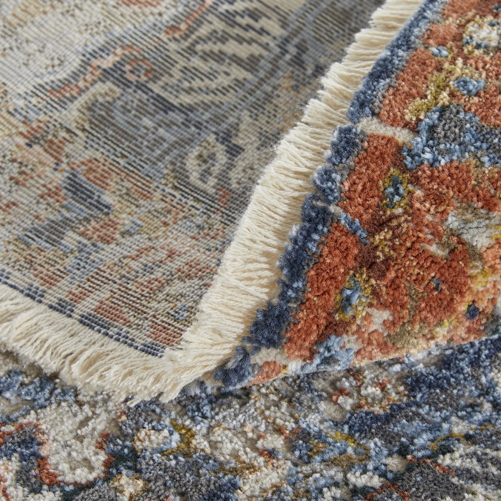 3' X 5' Ivory Blue And Burnt Orange Floral Area Rug With Fringe
