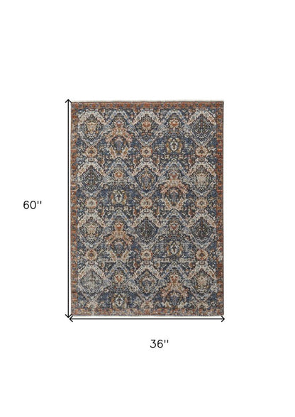 3' X 5' Ivory Blue And Burnt Orange Floral Area Rug With Fringe