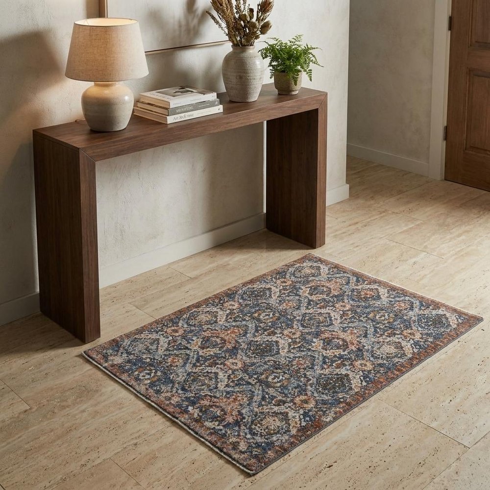 3' X 5' Ivory Blue And Burnt Orange Floral Area Rug With Fringe