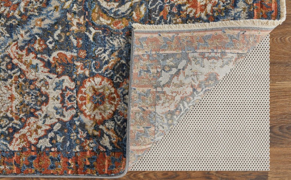 3' X 5' Ivory Blue And Burnt Orange Floral Area Rug With Fringe