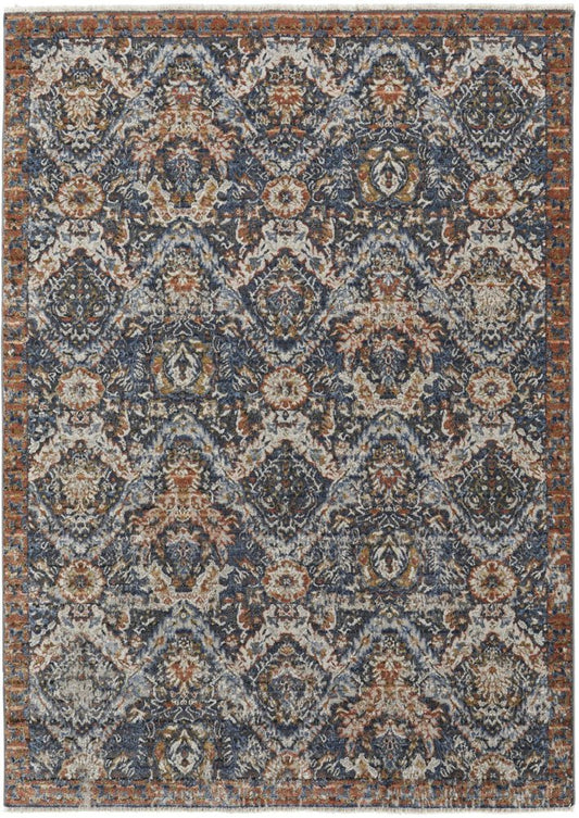 3' X 5' Ivory Blue And Burnt Orange Floral Area Rug With Fringe