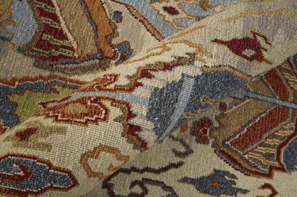 8' X 10' Ivory Blue and Brown Wool Ikat Hand Knotted Area Rug With Fringe