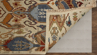 8' X 10' Ivory Blue and Brown Wool Ikat Hand Knotted Area Rug With Fringe