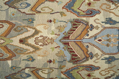 8' X 10' Ivory Blue and Brown Wool Ikat Hand Knotted Area Rug With Fringe