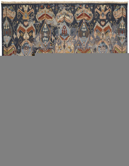 8' X 10' Ivory Blue and Brown Wool Ikat Hand Knotted Area Rug With Fringe
