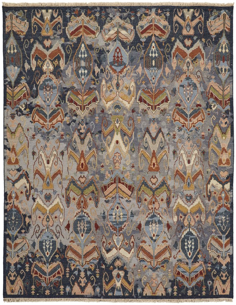 8' X 10' Ivory Blue and Brown Wool Ikat Hand Knotted Area Rug With Fringe