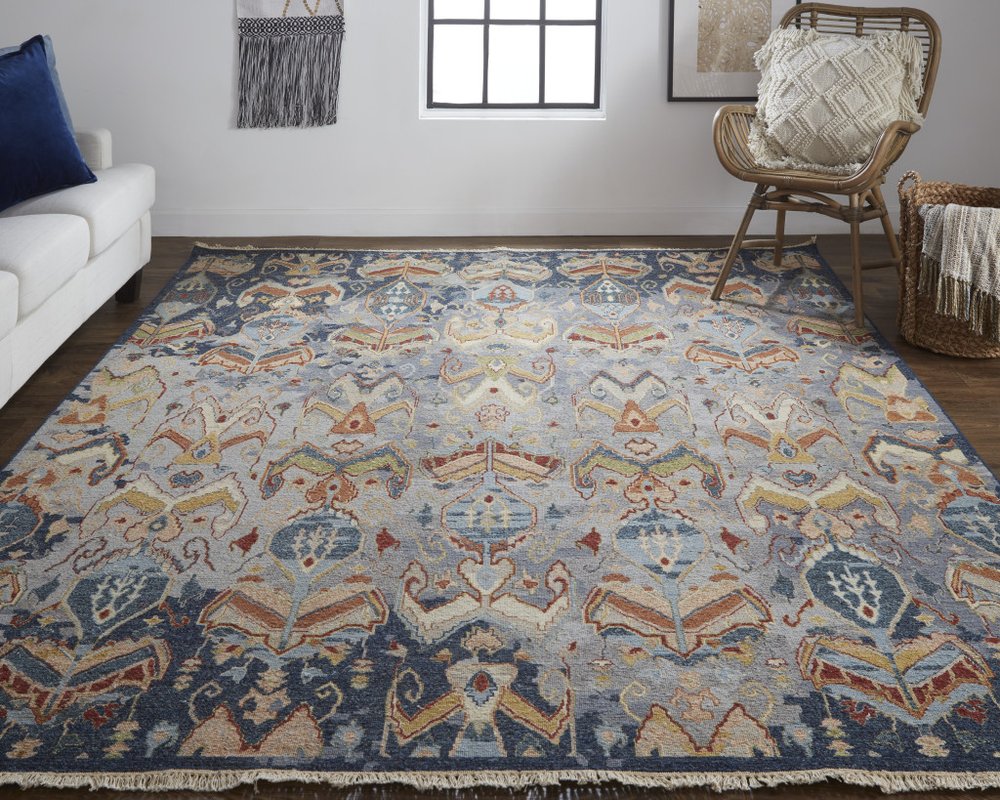 8' X 10' Ivory Blue and Brown Wool Ikat Hand Knotted Area Rug With Fringe