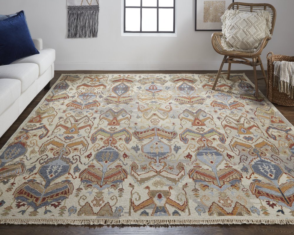 8' X 10' Ivory Blue and Brown Wool Ikat Hand Knotted Area Rug With Fringe
