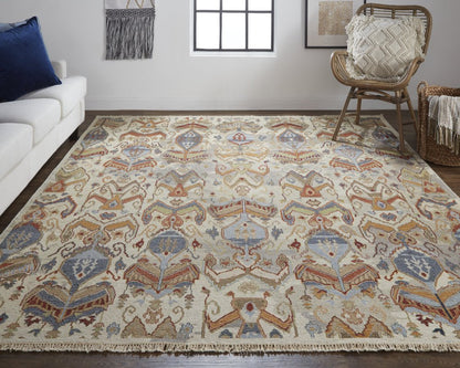 8' X 10' Ivory Blue and Brown Wool Ikat Hand Knotted Area Rug With Fringe