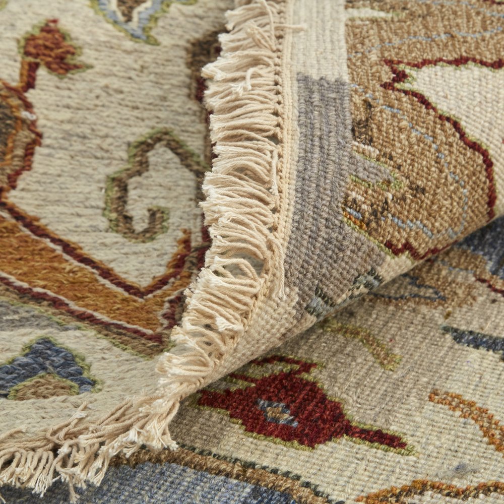 8' X 10' Ivory Blue and Brown Wool Ikat Hand Knotted Area Rug With Fringe