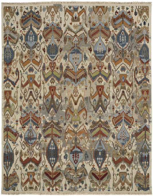 8' X 10' Ivory Blue and Brown Wool Ikat Hand Knotted Area Rug With Fringe