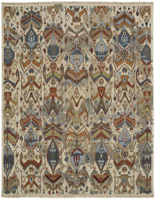 8' X 10' Ivory Blue and Brown Wool Ikat Hand Knotted Area Rug With Fringe