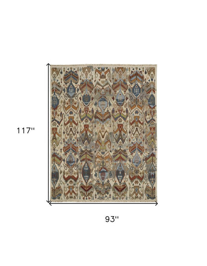 8' X 10' Ivory Blue and Brown Wool Ikat Hand Knotted Area Rug With Fringe