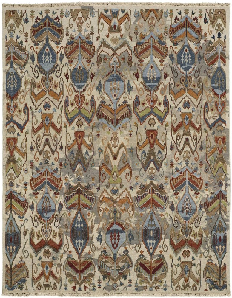 8' X 10' Ivory Blue and Brown Wool Ikat Hand Knotted Area Rug With Fringe