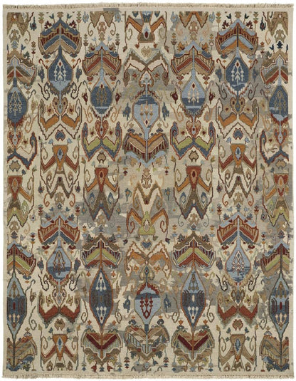 8' X 10' Ivory Blue and Brown Wool Ikat Hand Knotted Area Rug With Fringe