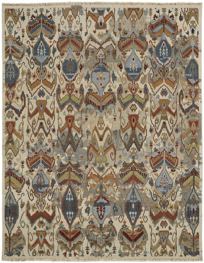 8' X 10' Ivory Blue and Brown Wool Ikat Hand Knotted Area Rug With Fringe
