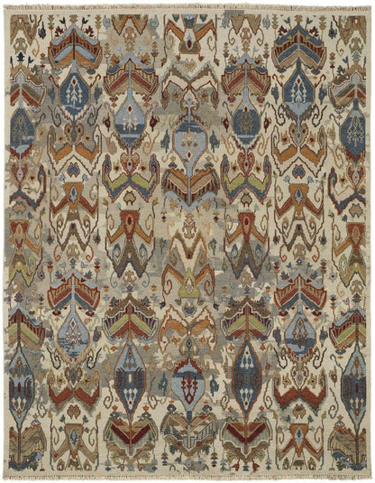 8' X 10' Ivory Blue and Brown Wool Ikat Hand Knotted Area Rug With Fringe