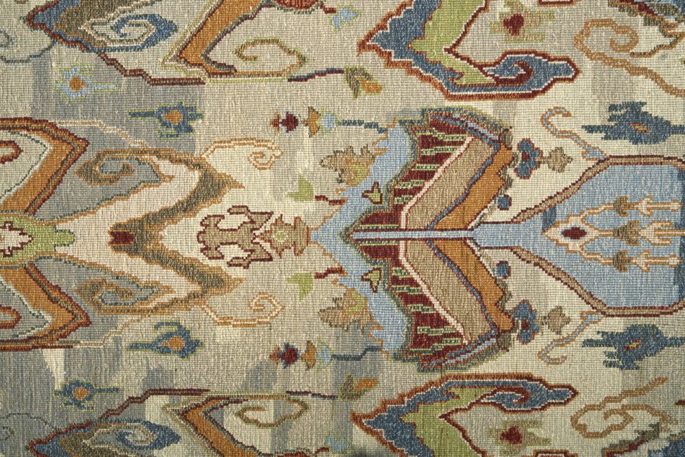 8' X 12' Ivory Blue and Brown Wool Ikat Hand Knotted Area Rug With Fringe